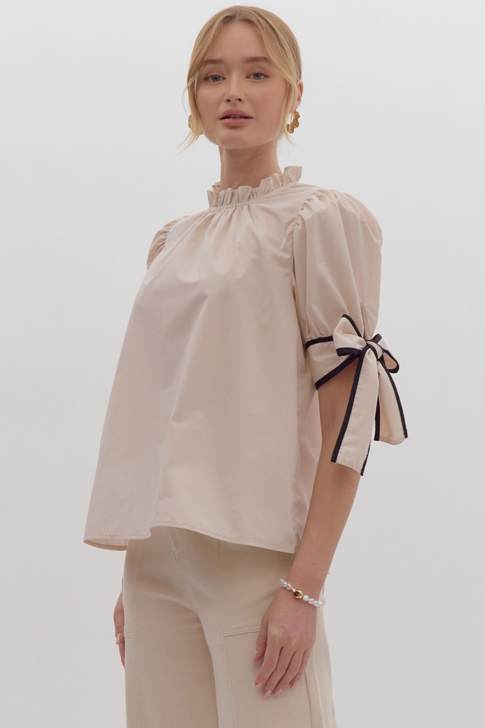 Solid Bow Tie Sleeve Blouse in Ecru MadreForte LLC