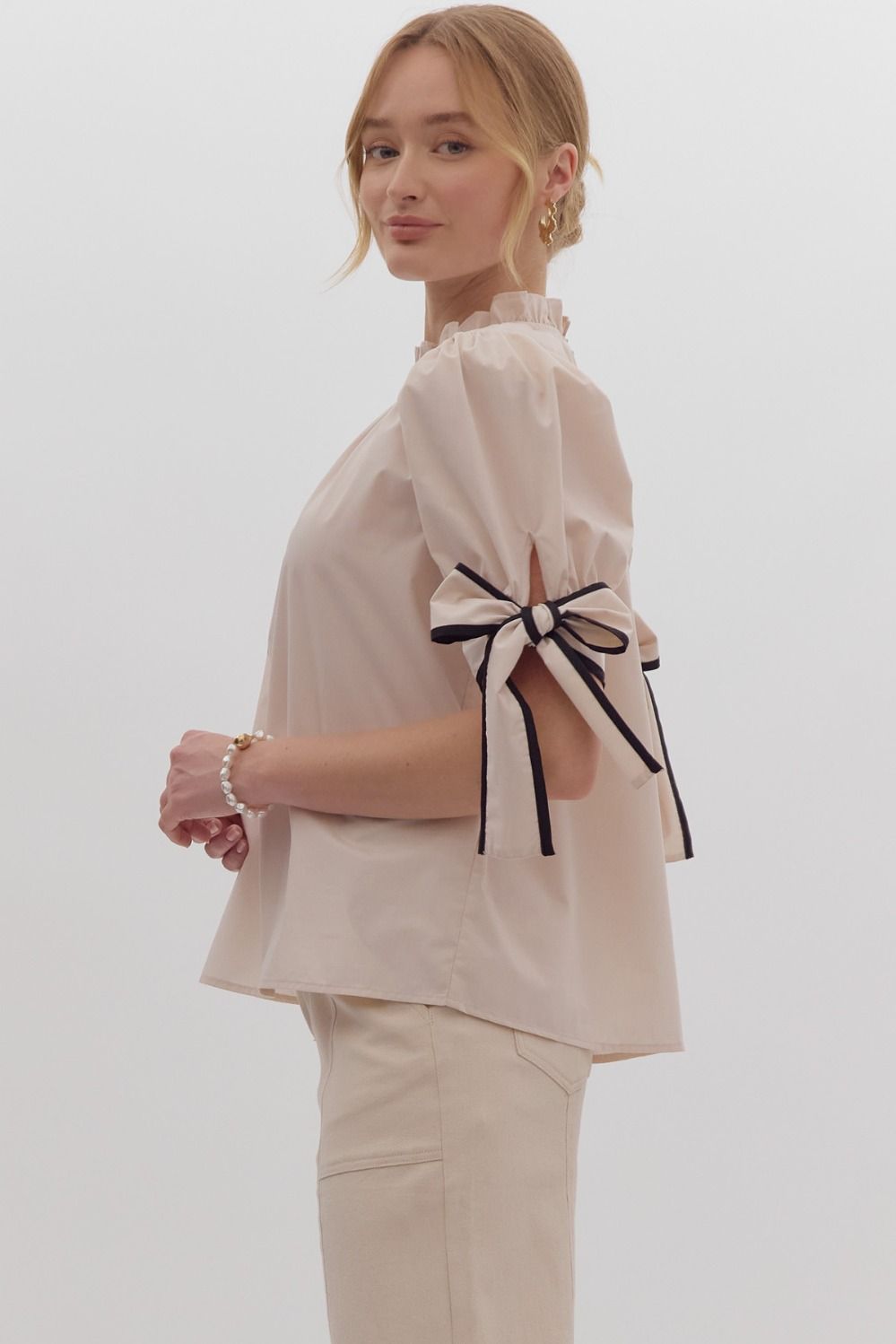 Solid Bow Tie Sleeve Blouse in Ecru MadreForte LLC