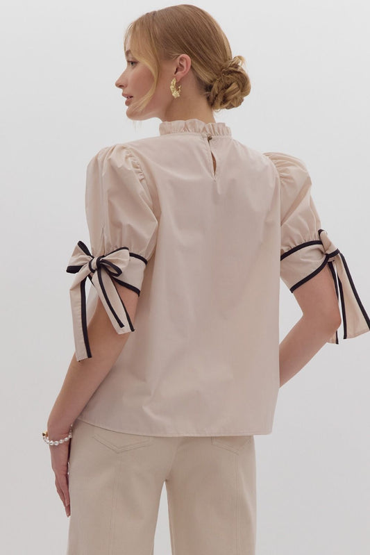 Solid Bow Tie Sleeve Blouse in Ecru MadreForte LLC