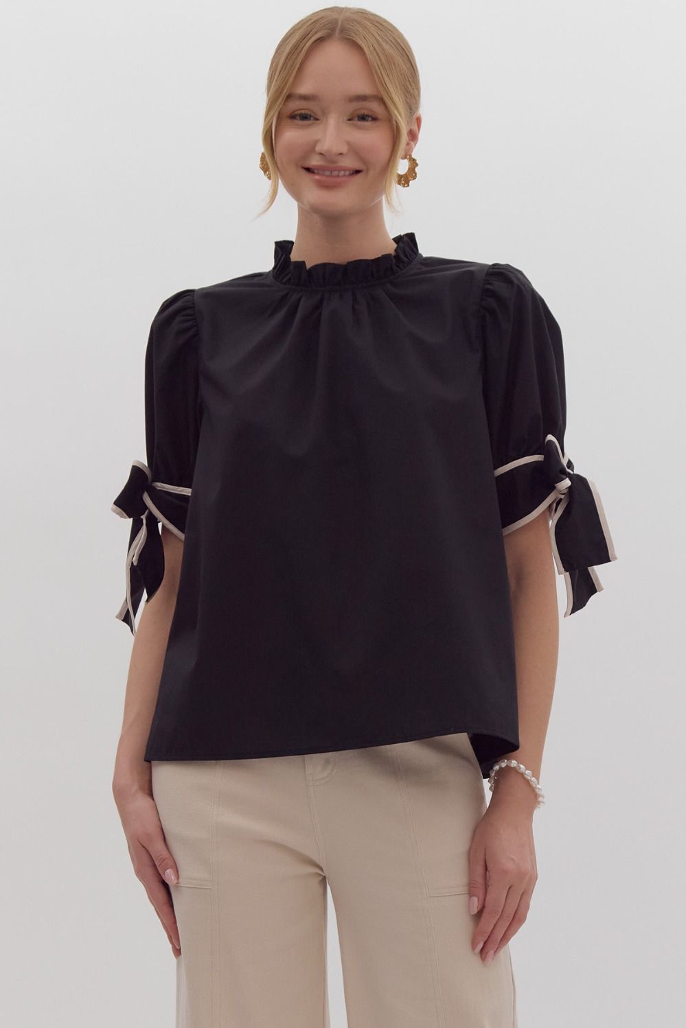 Solid Bow Tie Sleeve Blouse in Black MadreForte LLC