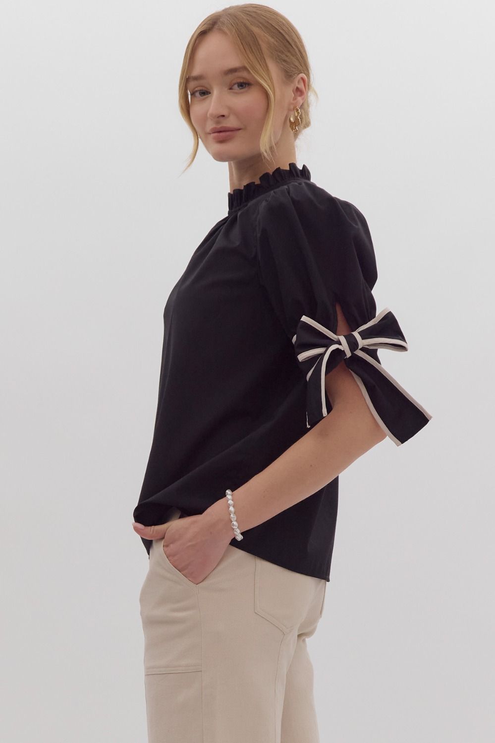 Solid Bow Tie Sleeve Blouse in Black MadreForte LLC