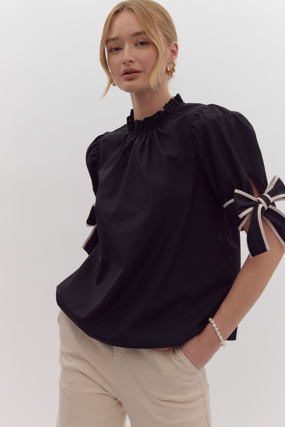 Solid Bow Tie Sleeve Blouse in Black MadreForte LLC