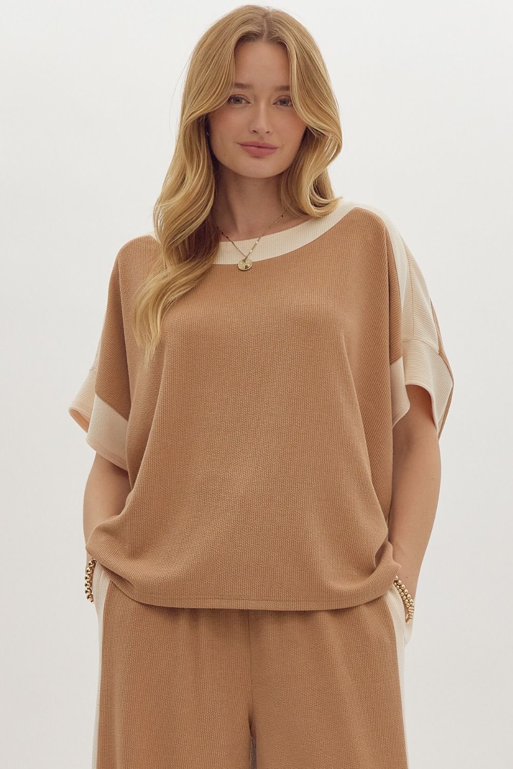 Solid Ribbed Contrast Trim Boatneck Top in Camel MadreForte LLC