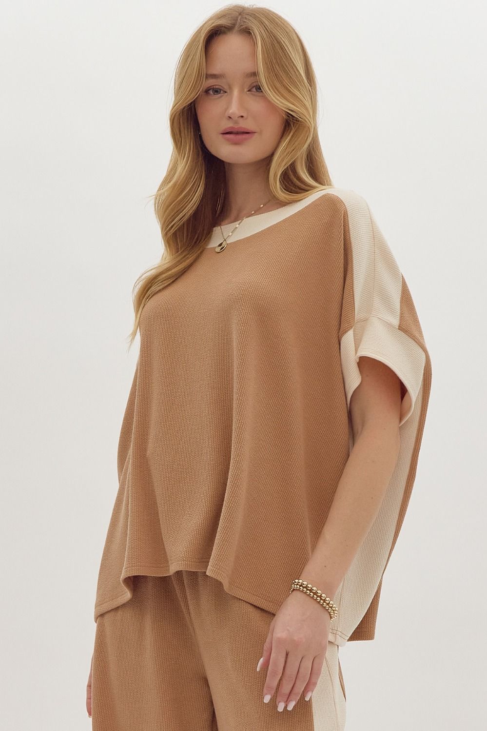 Solid Ribbed Contrast Trim Boatneck Top in Camel MadreForte LLC