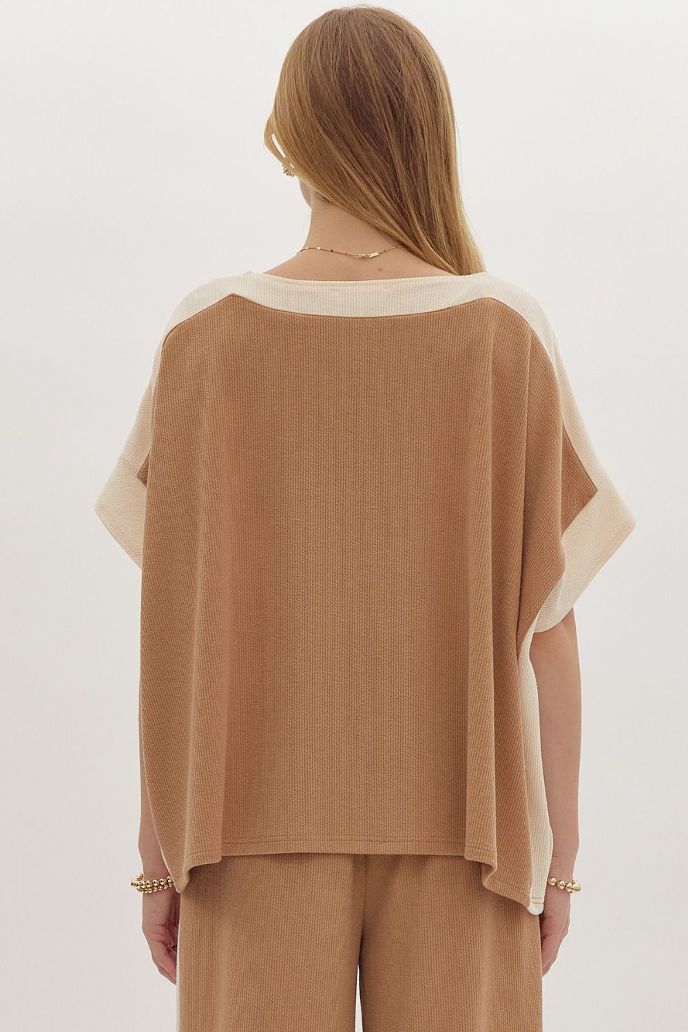 Solid Ribbed Contrast Trim Boatneck Top in Camel MadreForte LLC