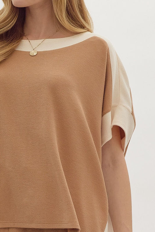 Solid Ribbed Contrast Trim Boatneck Top in Camel MadreForte LLC