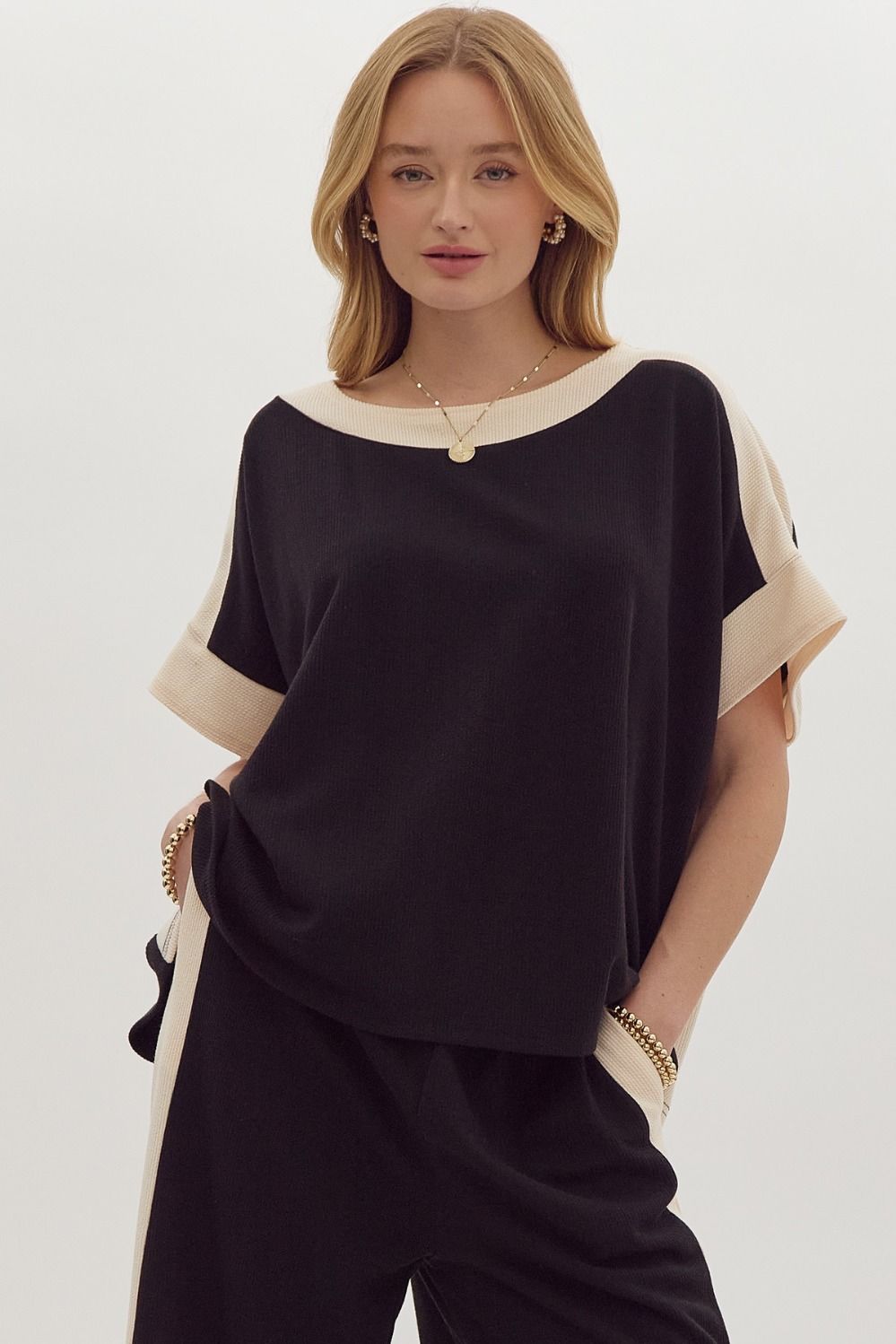 Solid Ribbed Contrast Trim Boatneck Top in Black MadreForte LLC