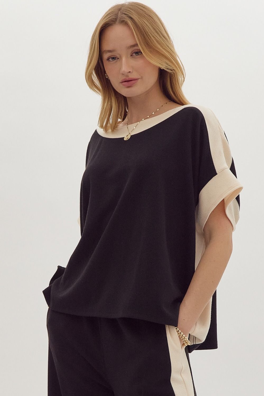 Solid Ribbed Contrast Trim Boatneck Top in Black MadreForte LLC