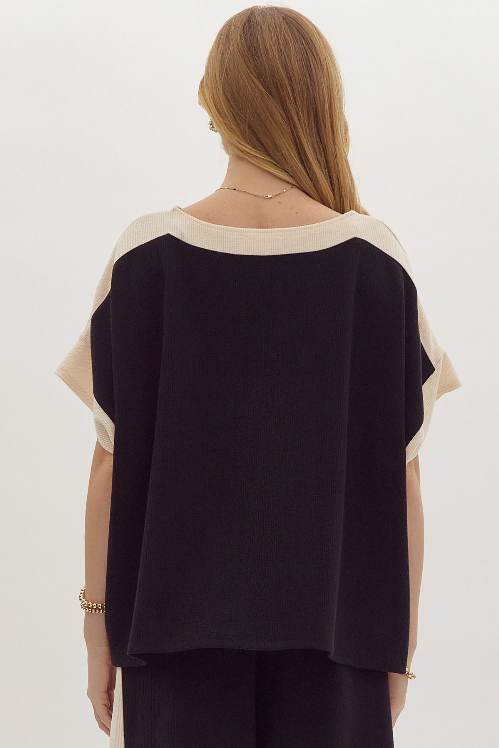 Solid Ribbed Contrast Trim Boatneck Top in Black MadreForte LLC