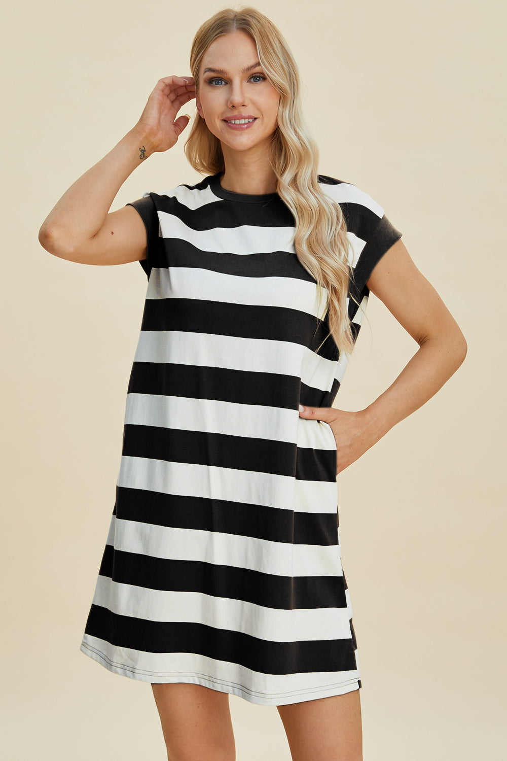 Basic Bae Full Size Striped Round Neck Cap Sleeve Mini Dress MadreForte LLC