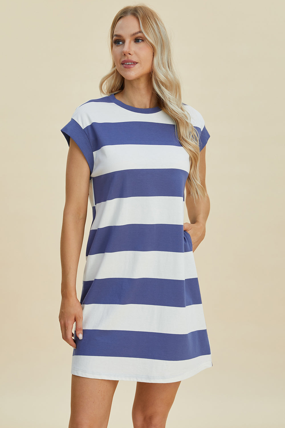 Basic Bae Full Size Striped Round Neck Cap Sleeve Mini Dress MadreForte LLC