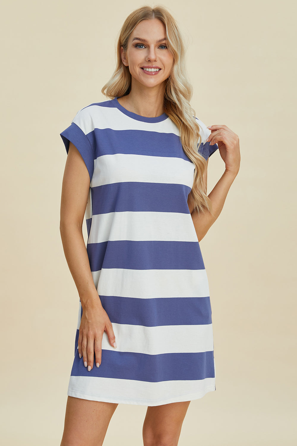 Basic Bae Full Size Striped Round Neck Cap Sleeve Mini Dress MadreForte LLC