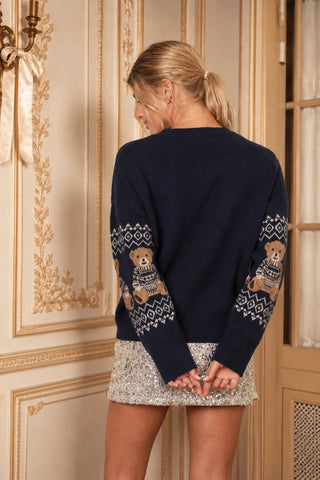 Holiday Bear Motif Crew Neck Knit Sweater