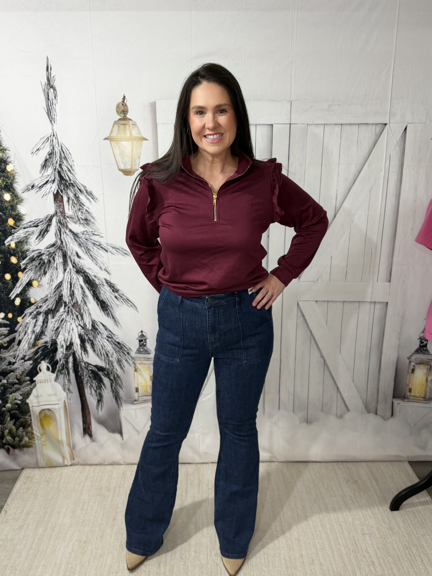 Umgee Luxeknit Ruffle Shoulder Quarter-Zip Sweatshirt