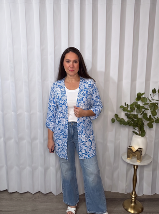 Lizzy Cardigan in Blue and White Floral