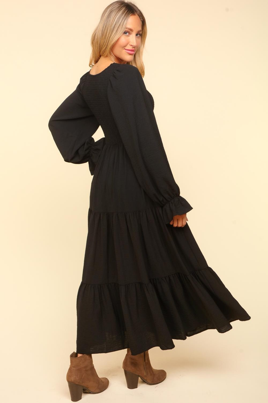 Smocking Maxi Woven Dress with Side Pockets in Black MadreForte LLC