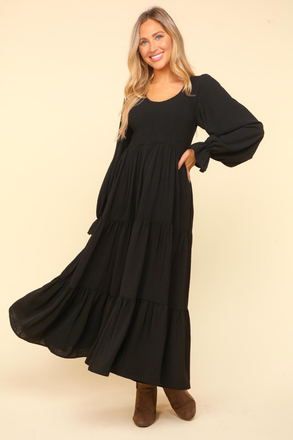 Smocking Maxi Woven Dress with Side Pockets in Black MadreForte LLC