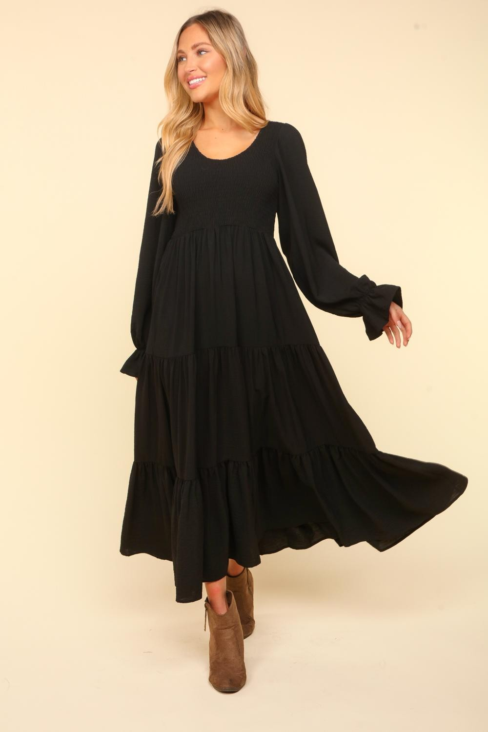 Smocking Maxi Woven Dress with Side Pockets in Black MadreForte LLC