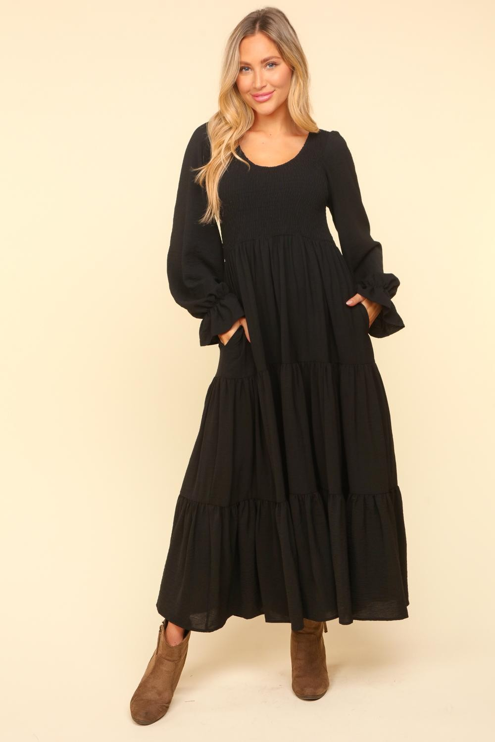 Smocking Maxi Woven Dress with Side Pockets in Black MadreForte LLC