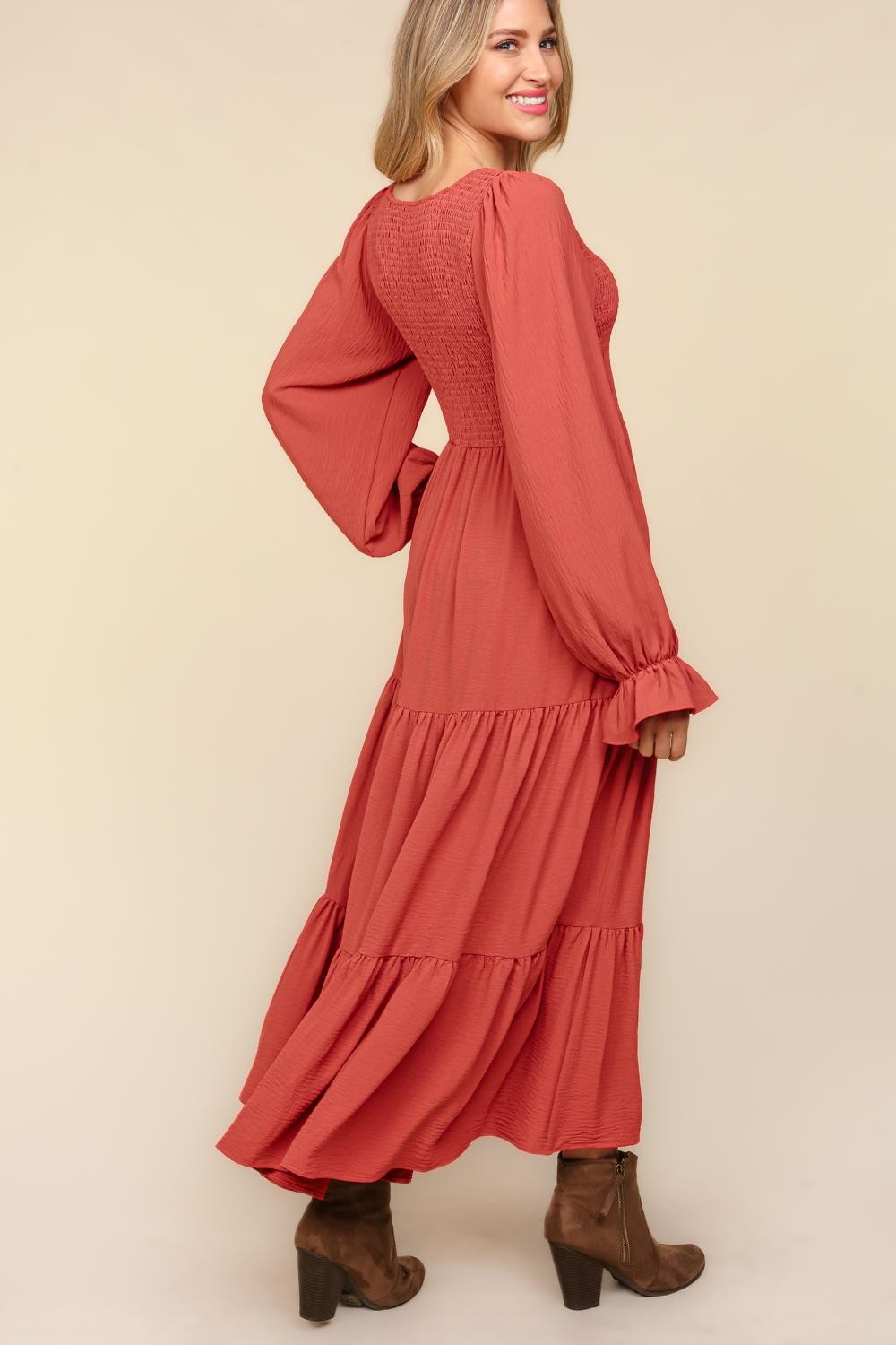 Smocking Maxi Woven Dress with Side Pockets in Marsala MadreForte LLC