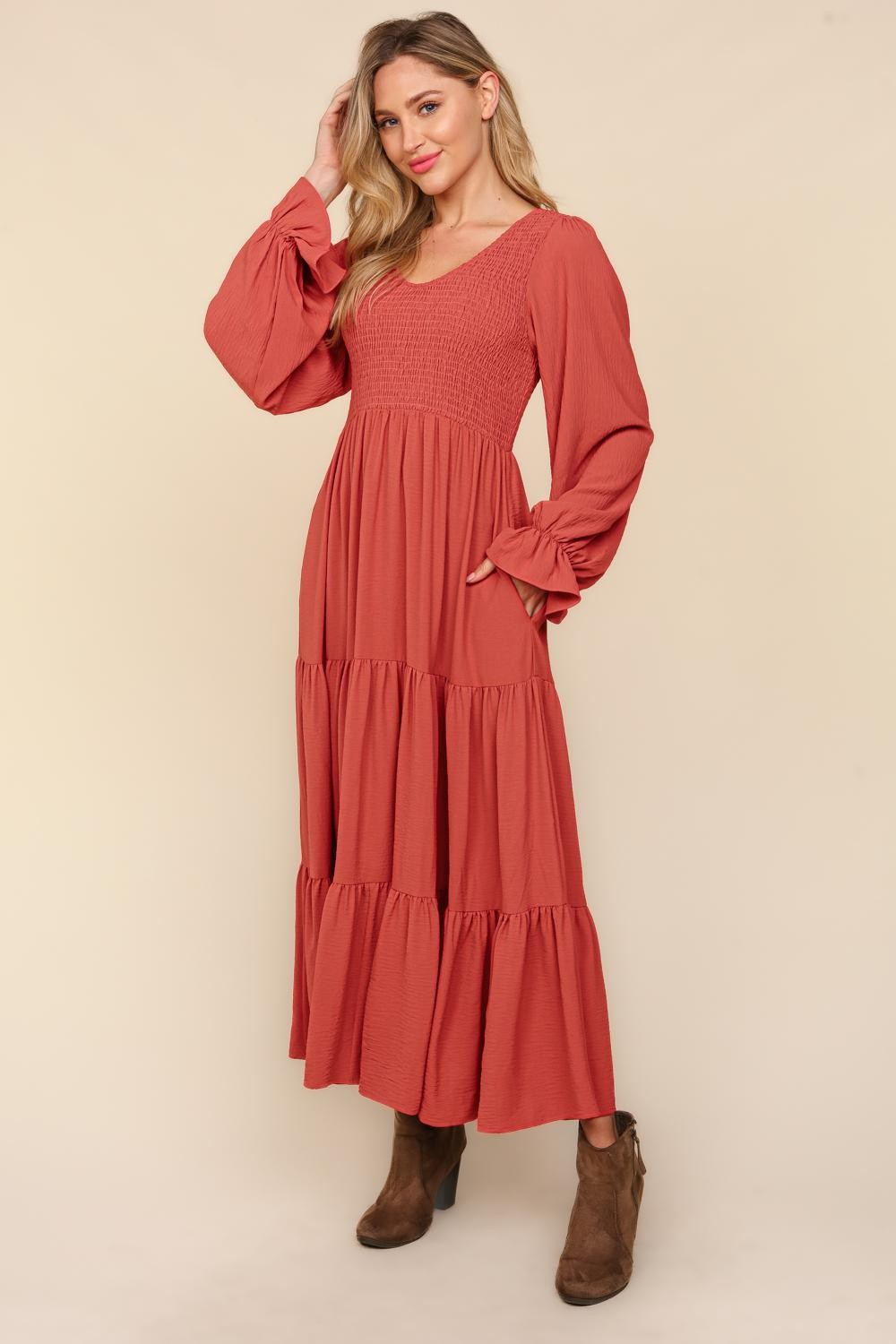 Smocking Maxi Woven Dress with Side Pockets in Marsala MadreForte LLC