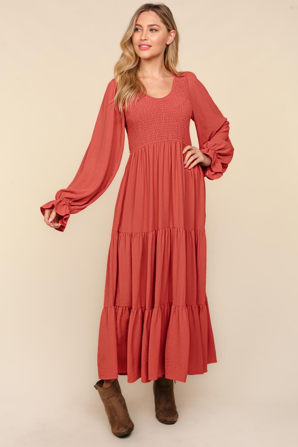 Smocking Maxi Woven Dress with Side Pockets in Marsala MadreForte LLC