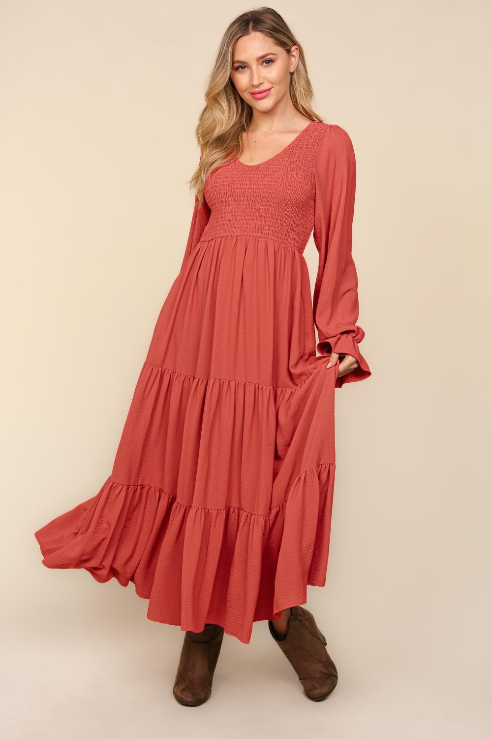 Smocking Maxi Woven Dress with Side Pockets in Marsala MadreForte LLC