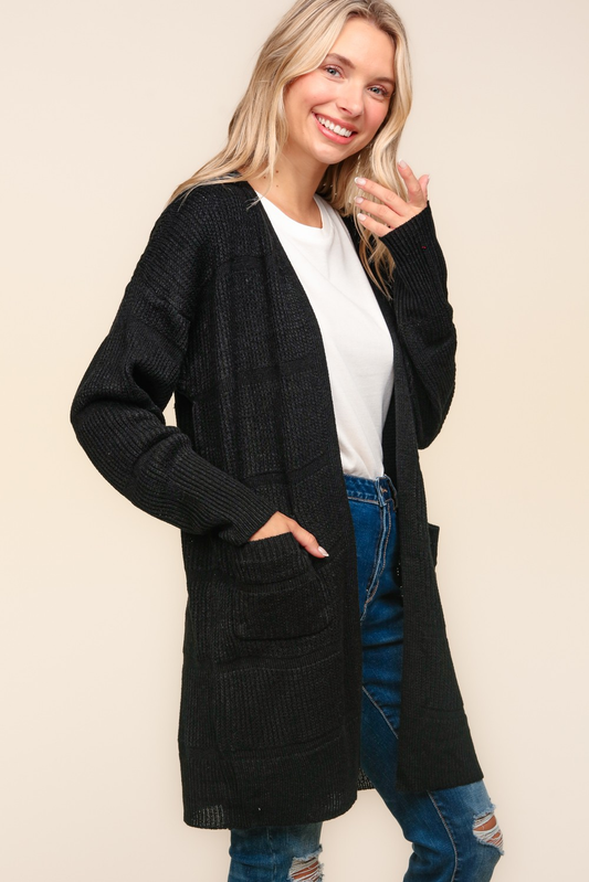 Stripe Textured Open Cardigan with Pockets in Black MadreForte LLC