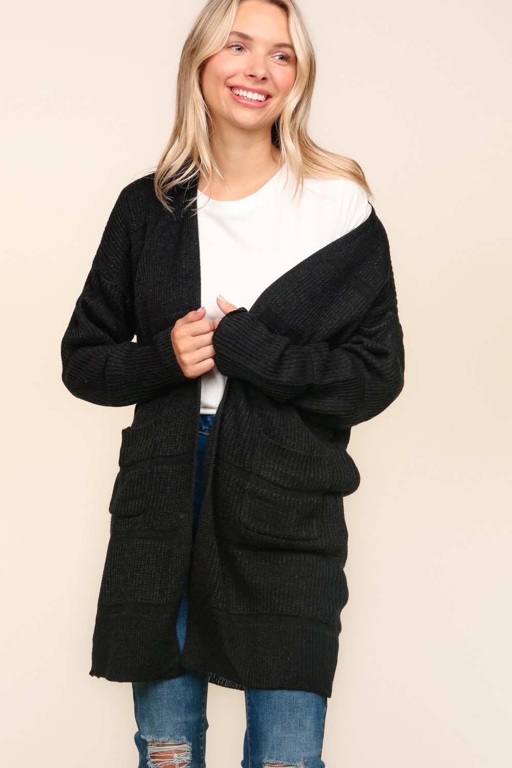 Stripe Textured Open Cardigan with Pockets in Black MadreForte LLC