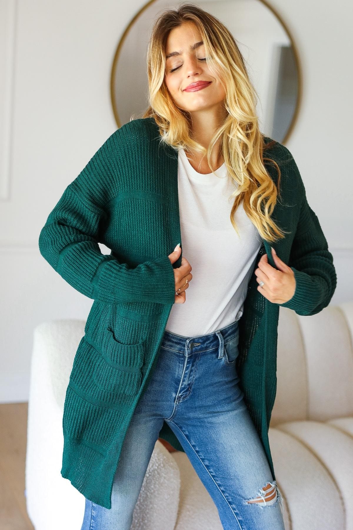 Stripe Textured Open Cardigan with Pockets in Hunter Green MadreForte LLC