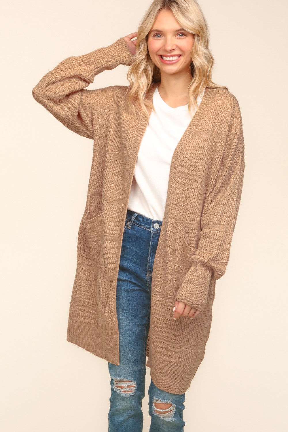 Stripe Textured Open Cardigan with Pockets in Taupe MadreForte LLC