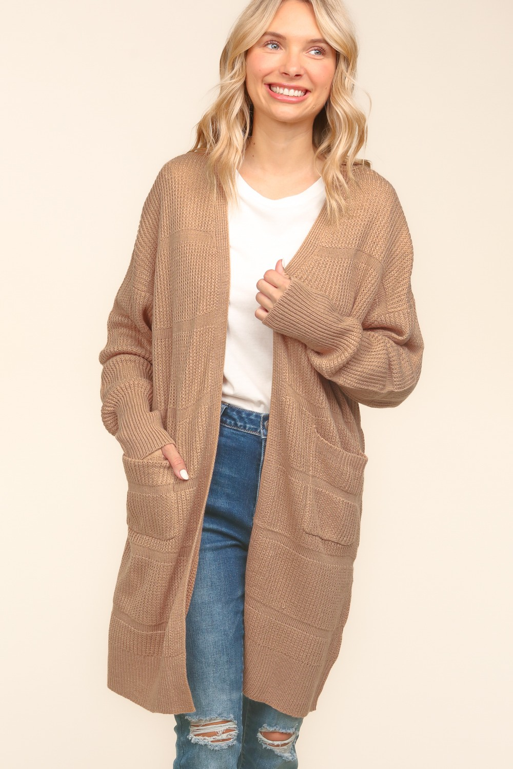 Stripe Textured Open Cardigan with Pockets in Taupe MadreForte LLC