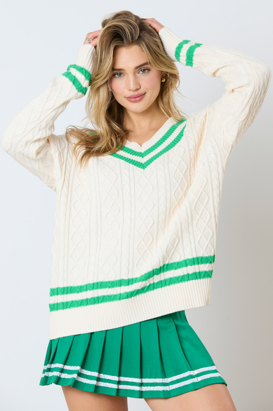 Varsity V-Neck Cable Sweater MadreForte LLC