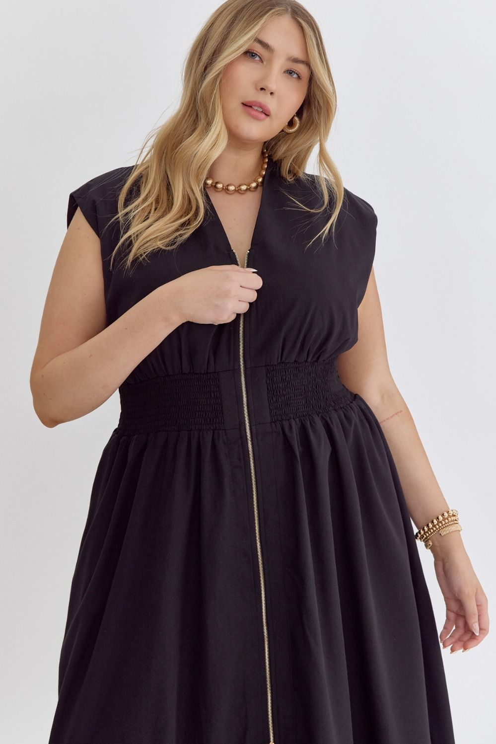 Solid V-Neck Sleeveless Dual Zipper Midi Dress in Black MadreForte LLC