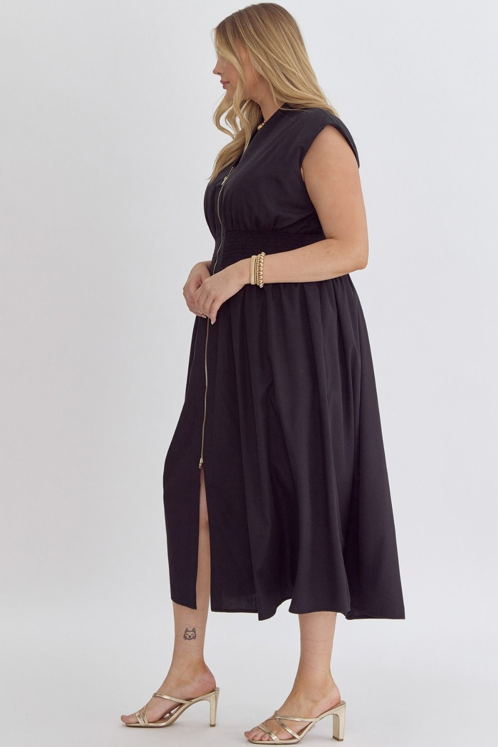 Solid V-Neck Sleeveless Dual Zipper Midi Dress in Black MadreForte LLC