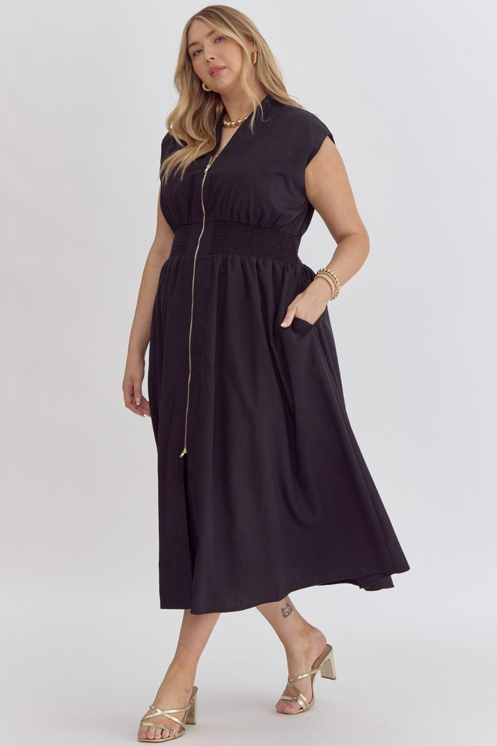 Solid V-Neck Sleeveless Dual Zipper Midi Dress in Black MadreForte LLC