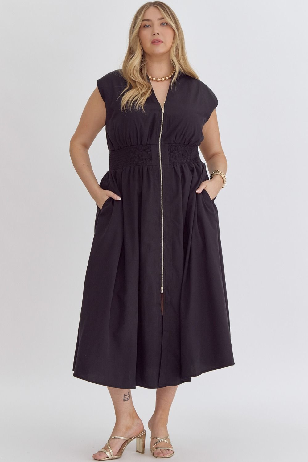 Solid V-Neck Sleeveless Dual Zipper Midi Dress in Black MadreForte LLC