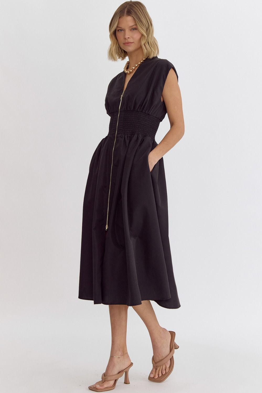 Solid V-Neck Sleeveless Dual Zipper Midi Dress in Black MadreForte LLC