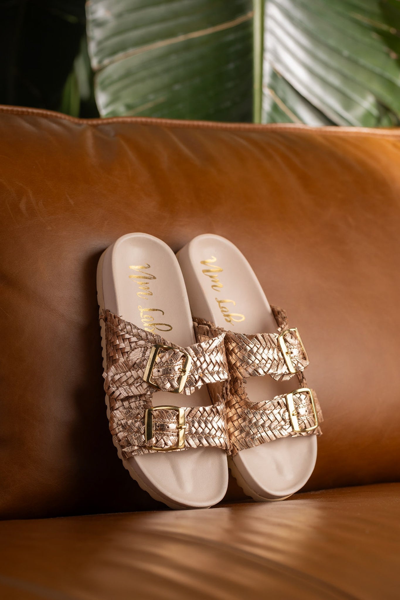 Intertwine Dual Woven Strap Slide in Champagne MadreForte LLC