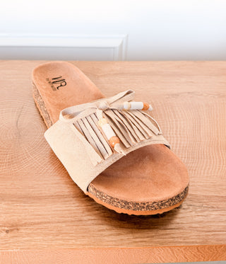 Lilliam Fringe Beaded Sandals in Beige
