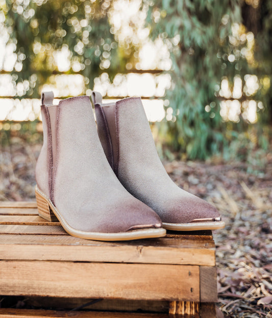 Wylie Suede Ankle Boot in Taupe MadreForte LLC